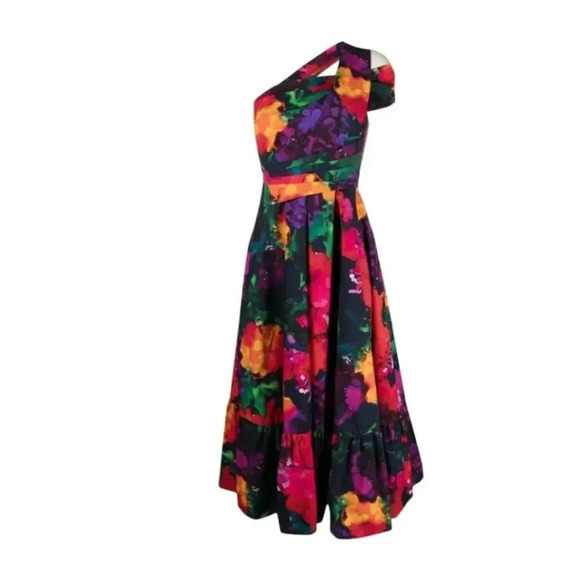 $2385 Talbot Runhof Downey Multicolor Floral Ruffle One Shoulder Dress Sz L - Picture 4 of 10
